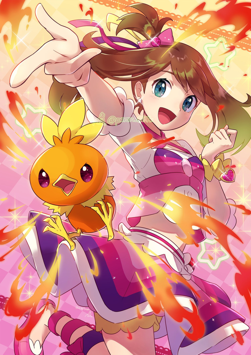 1girl :d blush bracelet brown_hair buttons earrings fire glint green_eyes hair_ribbon highres jewelry leg_up long_hair may_(pokemon) official_alternate_costume official_alternate_hairstyle open_mouth outstretched_arm peron_(niki2ki884) pokemon pokemon_(creature) pokemon_oras purple_footwear ribbon shirt shoes skirt smile sparkle tongue torchic twitter_username watermark white_shirt