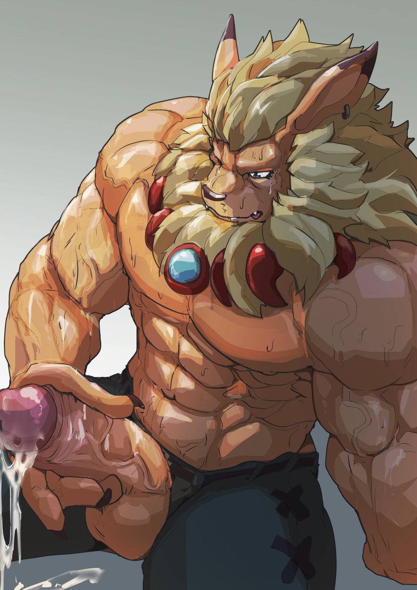 abs absurd_res anthro asiahao520 balls bandai_namco biceps bodily_fluids cum digimon digimon_(species) felid genital_fluids genitals hi_res leomon lion male mammal mane muscular muscular_anthro muscular_male pantherine pecs penis solo sweat vein veiny_muscles veiny_penis