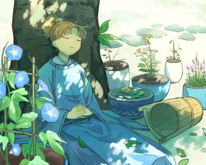 against_tree blue_kimono brown_hair bucket dappled_sunlight day flower hair_up japanese_clothes karasu_wa_aruji_wo_erabanai kimono leaf morning_glory outdoors own_hands_together plant potted_plant sitting sunlight teiuyou tree