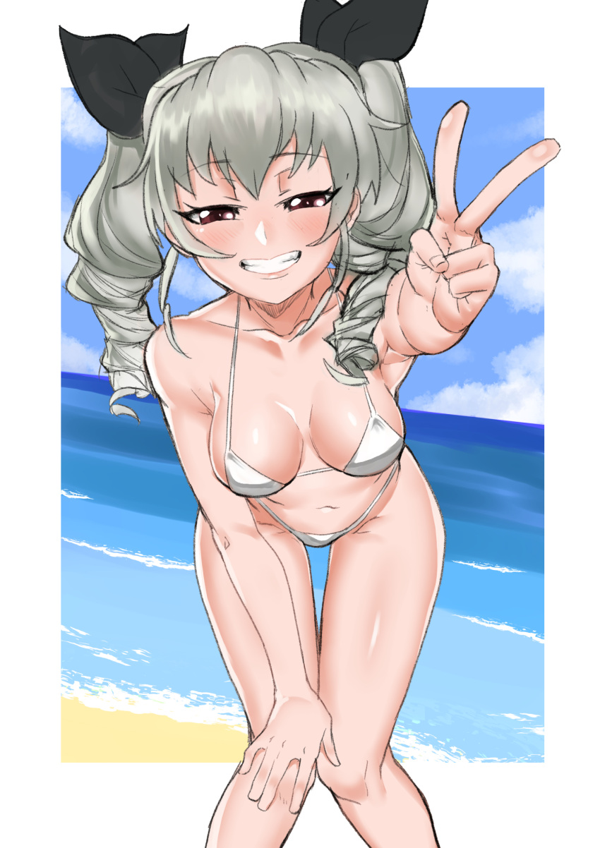 1girl anchovy_(girls_und_panzer) beach bikini black_ribbon breasts drill_hair girls_und_panzer green_hair highres looking_at_viewer medium_breasts medium_hair ribbon sand self-upload smile solo swimsuit twin_drills v water white_bikini yomone