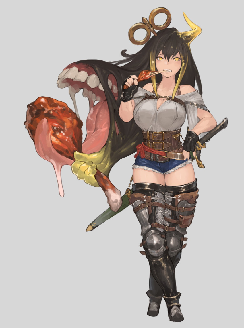 1girl armored_boots black_hair boots breasts cleavage corset cutoffs denim denim_shorts eating extra_arms extra_mouth fingerless_gloves food full_body gloves grey_background highres holding holding_food horns large_breasts liquid_hair living_hair meat n9+ off-shoulder_shirt off_shoulder original sheath sheathed shirt short_shorts shorts simple_background single_horn solo strap sword teeth thighs tongue weapon winding_key yellow_eyes