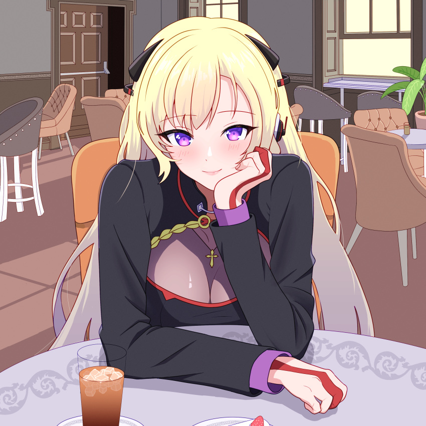 1girl absurdres black_dress blonde_hair breasts cafe chair cleavage closed_mouth commentary commission cross cross_necklace dress english_commentary g3_(girls'_frontline) g3_(mod3)_(girls'_frontline) gilijim girls'_frontline hair_ornament hand_on_own_head highres jewelry large_breasts long_hair long_sleeves looking_at_viewer necklace pixiv_commission purple_eyes solo table very_long_hair