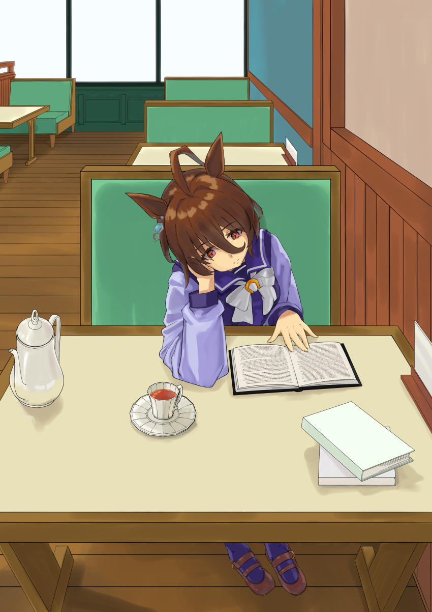 1girl absurdres agnes_tachyon_(umamusume) ahoge book bow brown_footwear brown_hair chemical_structure closed_mouth commentary_request cup earrings hair_between_eyes head_rest highres horse_girl jewelry loafers purple_shirt purple_thighhighs reading red_eyes sailor_collar school_uniform shahha shirt shoes single_earring sitting solo table tea teacup thighhighs tracen_school_uniform umamusume white_bow winter_uniform