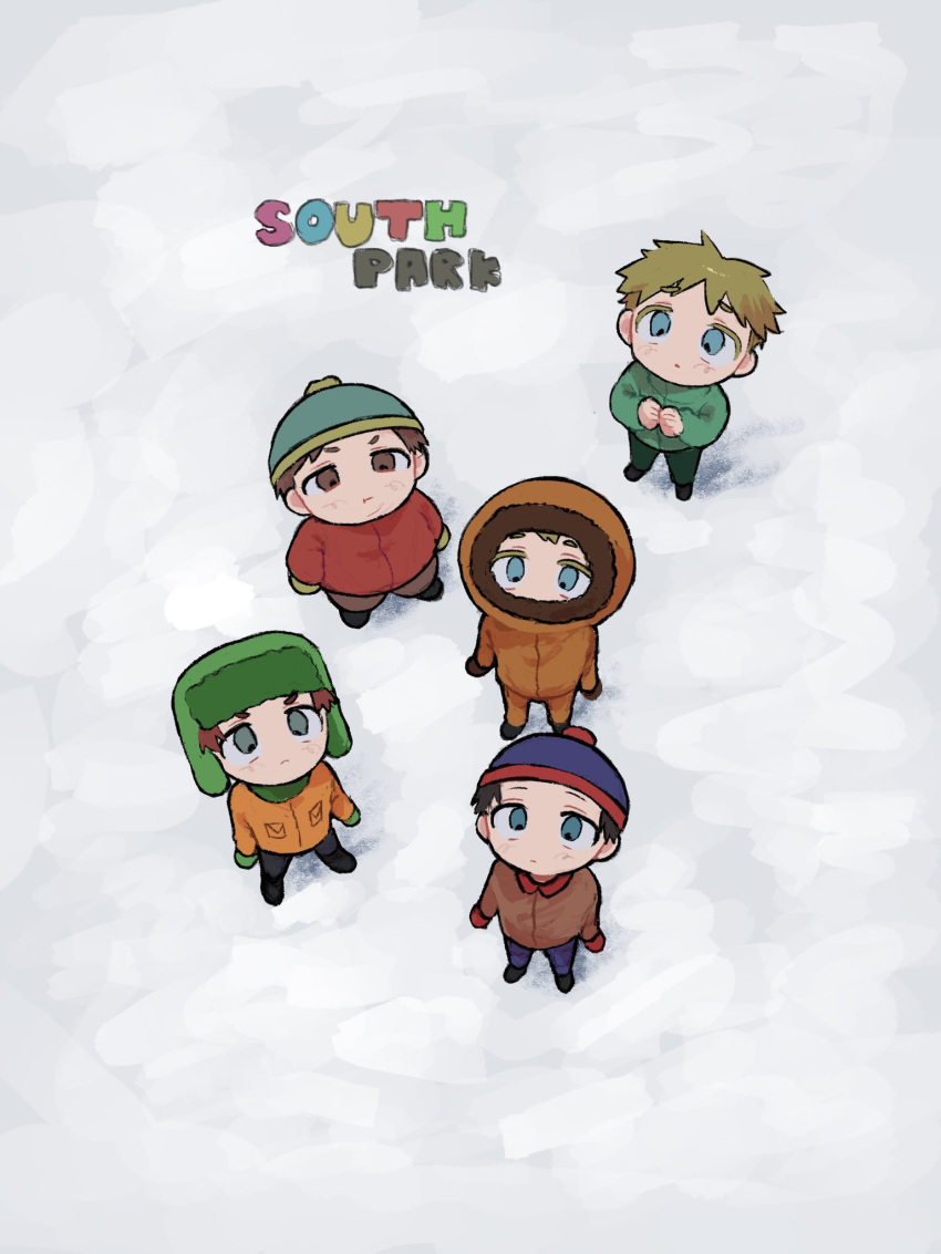 5boys beanie black_hair black_pants blonde_hair blue_eyes blue_headwear blue_jacket blue_pants brown_hair butters_stotch copyright_name eric_cartman full_body gloves green_gloves green_headwear hat highres hood hood_up jacket kenny_mccormick kyle_broflovski long_sleeves looking_at_viewer male_focus multiple_boys omochisan216 orange_jacket orange_pants pants red_gloves red_hair red_jacket short_hair south_park stan_marsh standing white_background yellow_gloves