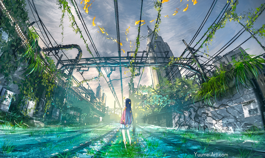 1girl abandoned animal black_hair bug building butterfly cloud cloudy_sky commentary day english_commentary eyes_closed from_behind grass highres insect jacket long_hair long_sleeves original outdoors overgrown overhead_line pink_jacket plant pleated_skirt railroad_tracks ripples scenery skirt sky skyscraper solo standing tree very_long_hair water watermark web_address wenqing_yan white_skirt wide_shot