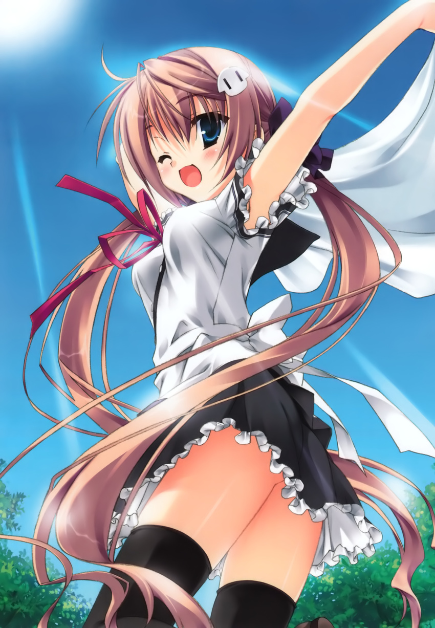 1girl absurdres blue_eyes breasts brown_hair female frills hair_ornament highres kobuichi koiiro_soramoyou long_hair looking_back nature open_mouth outdoors ribbon shinohara_sera skirt sky smile solo thighhighs twintails very_long_hair wink