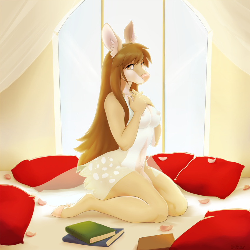 anthro bed book breasts cervid clothed clothing female inside kneeling looking_at_viewer mammal nipple_outline pillow seibear sheer_clothing solo translucent transparent_clothing wide_hips