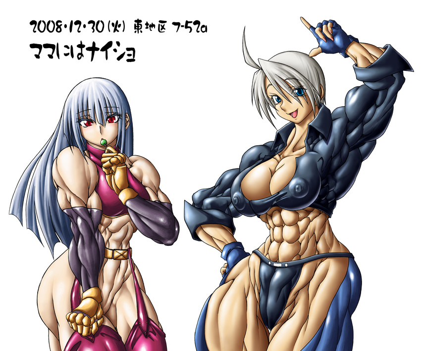 2girls absurdres angel angel_(kof) candy extreme_muscles fingerless_gloves gloves highres kula_diamond lollipop multiple_girls muscle muscles muscular purukogi purukogi_(plasma_beach) simple_background