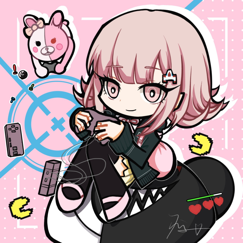 1girl black_jacket black_thighhighs bow brown_hair collared_shirt controller danganronpa_(series) danganronpa_2:_goodbye_despair ear_bow flipped_hair highres holding holding_controller jacket long_sleeves miniskirt monokuma monomi_(danganronpa) multicolored_background nanami_chiaki neck_ribbon open_clothes open_jacket pink_bag pink_eyes pink_footwear pink_ribbon playing_games pleated_skirt qianxiaxiale ribbon sharp_teeth shirt skirt smile spaceship_hair_ornament teeth thighhighs white_shirt