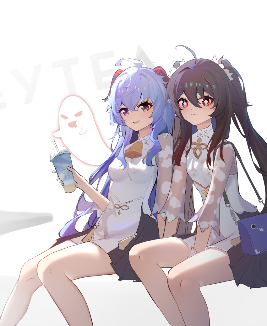 2girls :d absurdres alternate_costume bell black_hair blue_hair boo_tao_(genshin_impact) chinese_clothes commentary_request cosplay cup disposable_cup drinking_straw ganyu_(genshin_impact) ganyu_(genshin_impact)_(cosplay) ganyu_(heytea)_(genshin_impact) genshin_impact ghost goat_horns hair_between_eyes hair_ribbon highres holding holding_cup horns hu_tao_(genshin_impact) long_hair looking_at_viewer low_ponytail multiple_girls neck_bell official_alternate_costume purple_eyes qixia red_eyes ribbon short_sleeves sidelocks simple_background sitting smile symbol-shaped_pupils twintails white_background