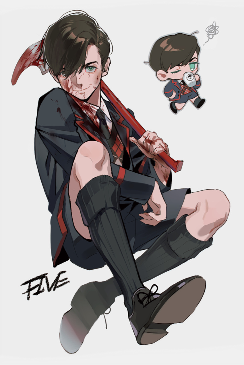 2boys animification aqua_eyes axe black_footwear black_necktie black_shorts black_socks blazer blood blood_on_clothes blood_on_face character_name chibi closed_mouth collared_shirt cup english_text hair_over_one_eye highres holding holding_axe holding_cup jacket long_sleeves looking_at_viewer multiple_boys multiple_persona necktie number_five one_eye_closed open_clothes open_jacket qin_(7833198) school_uniform shirt shoes short_hair shorts smile socks sweater the_umbrella_academy white_shirt