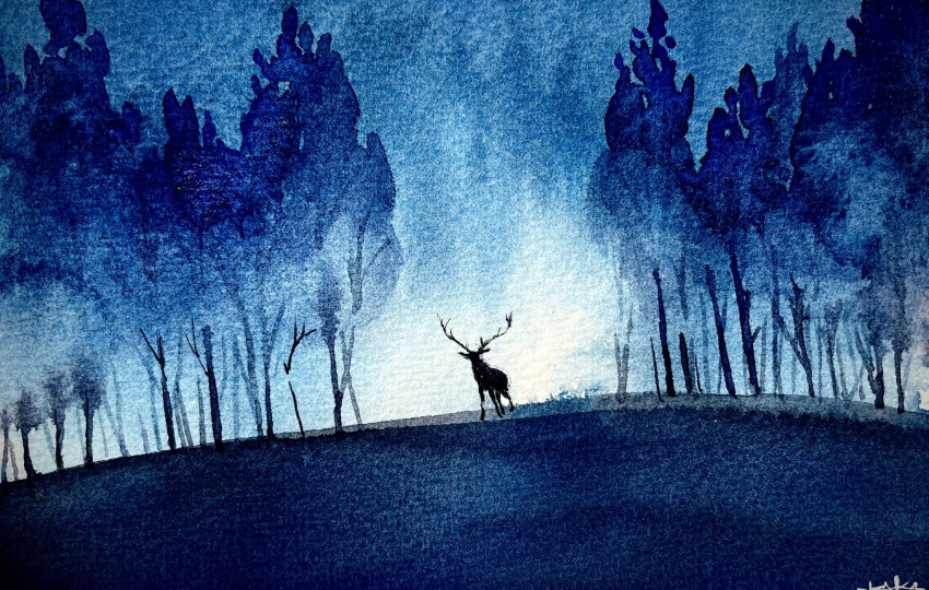 animal animal_focus dark deer forest highres nature night no_humans original painting_(medium) shibakaka traditional_media tree watercolor_(medium)