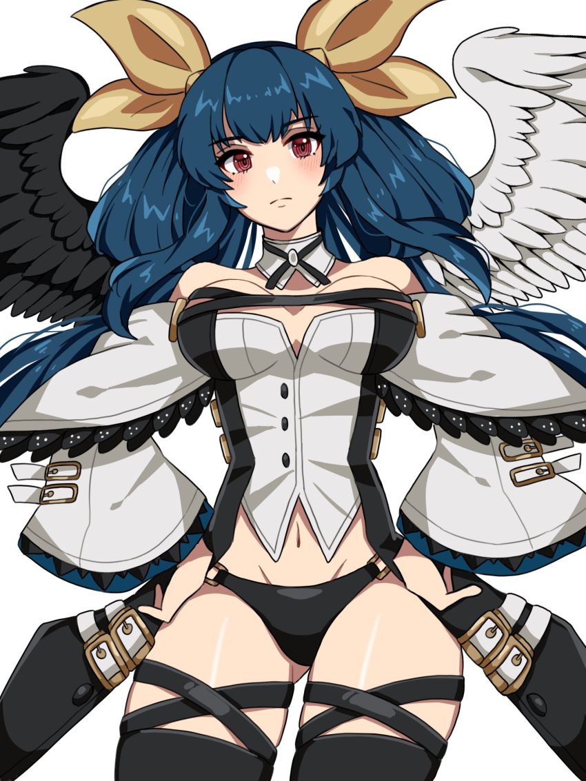 1girl angel_wings asymmetrical_wings bare_shoulders black_panties black_thighhighs blue_hair breasts cleavage commentary_request detached_sleeves dizzy_(guilty_gear) feathered_wings green_wings guilty_gear guilty_gear_xrd hair_ribbon hair_rings hands_on_own_hips highres hina_co_330 large_breasts long_hair monster_girl navel panties red_eyes ribbon standing thighhighs underwear white_sleeves white_wings wide_sleeves wings yellow_ribbon