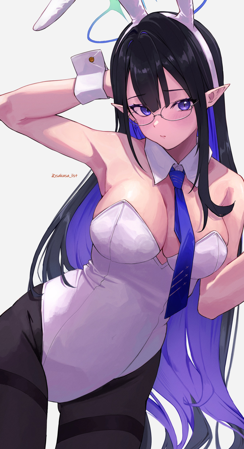 1girl absurdres alternate_costume animal_ear_hairband animal_ears arm_behind_head arm_up armpits black_hair black_pantyhose blue_archive blue_eyes blue_hair blue_necktie blush breasts cleavage colored_inner_hair covered_navel detached_collar fake_animal_ears glasses hairband halo highres large_breasts leotard long_hair looking_at_viewer multicolored_hair necktie pantyhose playboy_bunny pointy_ears rabbit_ear_hairband rabbit_ears rimless_eyewear rin_(blue_archive) sakasa._(sakasailst) simple_background straight_hair strapless strapless_leotard twitter_username two-tone_hair very_long_hair white_background white_leotard wrist_cuffs