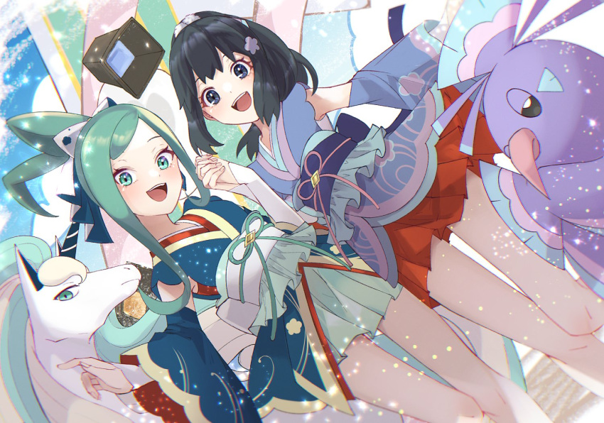 2girls :d alternate_color bangs black_hair commentary_request dawn_(new_year's_2023)_(pokemon) dawn_(pokemon) eyelashes galarian_rapidash green_eyes green_hair green_ribbon green_skirt grey_eyes hair_ornament happy holding_hands japanese_clothes kimono knees lisia_(new_year's_2023)_(pokemon) lisia_(pokemon) looking_at_viewer multiple_girls official_alternate_costume open_mouth oricorio oricorio_(sensu) pleated_skirt pokemon pokemon_(game) pokemon_masters_ex red_skirt ribbon sash shiny_pokemon skirt smile ssn_(sasa8u9r) teeth tongue upper_teeth_only white_sash