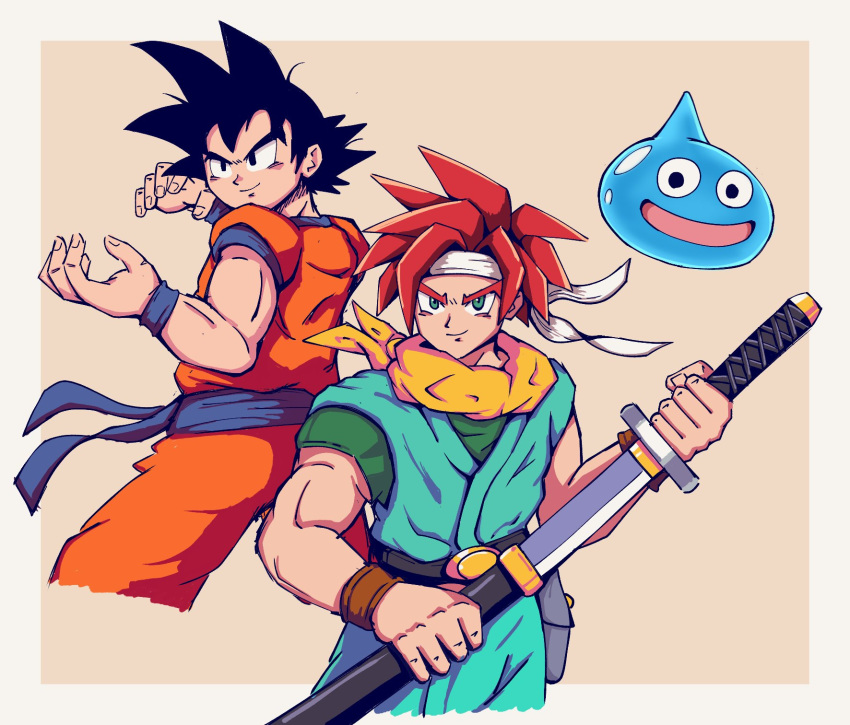 2boys belt blue_sash blue_shirt blue_skin blue_tunic chrono_trigger colored_skin creator_connection crono_(chrono_trigger) dougi dragon_ball dragon_ball_z dragon_quest fighting_stance headband highres holding holding_sword holding_weapon katana medium_hair multiple_boys orange_pants orange_shirt pants red_hair sash shirt slime_(creature) slime_(dragon_quest) son_goku spiked_hair surrealmason sword weapon white_headband