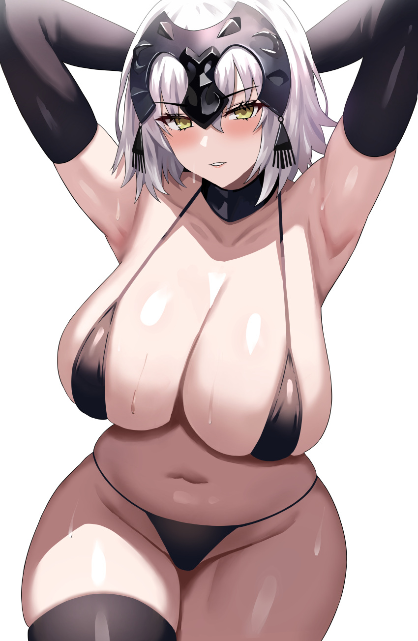 1girl absurdres armpits arms_up bare_shoulders bikini black_bikini black_gloves black_thighhighs blush breasts cleavage collarbone cowboy_shot elbow_gloves fate/grand_order fate_(series) gloves highres jasony jeanne_d'arc_alter_(fate) large_breasts looking_at_viewer navel parted_lips short_hair simple_background smile solo stomach swimsuit thighhighs white_background white_hair yellow_eyes