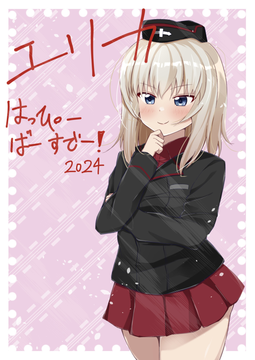 1girl 2024 black_headwear black_jacket blue_eyes character_name closed_mouth commentary cowboy_shot dress_shirt garrison_cap girls_und_panzer grey_hair hand_on_own_arm hand_on_own_chin happy_birthday hat highres insignia itsumi_erika jacket kuromorimine_military_uniform long_sleeves looking_at_viewer medium_hair military_hat military_uniform miniskirt oyatsu_(1727318) pleated_skirt red_shirt red_skirt shirt skirt smile solo standing translated uniform wing_collar