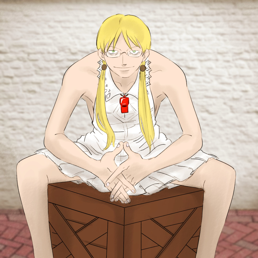 1girl absurdres armpits blandji blonde_hair box breasts dress glasses highres interlocked_fingers low_twintails made_in_abyss meme red_whistle riko_(made_in_abyss) sitting sitting_on_box sleeveless sleeveless_dress small_breasts solo spread_legs the_one_piece_is_real_(meme) twintails whistle white_dress
