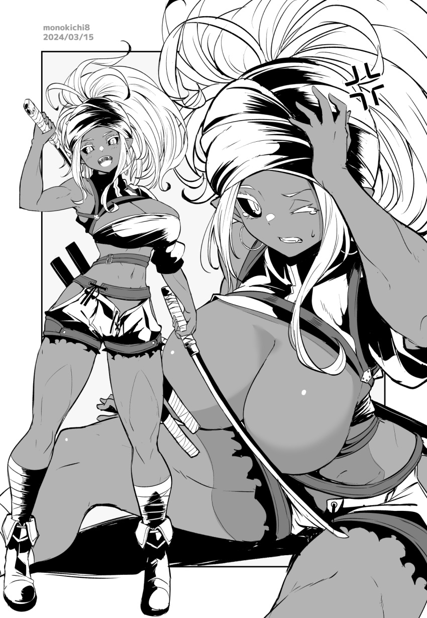 1girl anger_vein artist_name black_sclera breasts cleavage colored_sclera commentary_request dark-skinned_female dark_skin dated earrings grey_background greyscale highres holding holding_sword holding_weapon hoop_earrings jewelry kichihachi large_breasts looking_at_viewer monochrome multiple_views one_eye_closed open_mouth original shorts sitting standing sword tears thighs turban two-tone_background weapon white_background