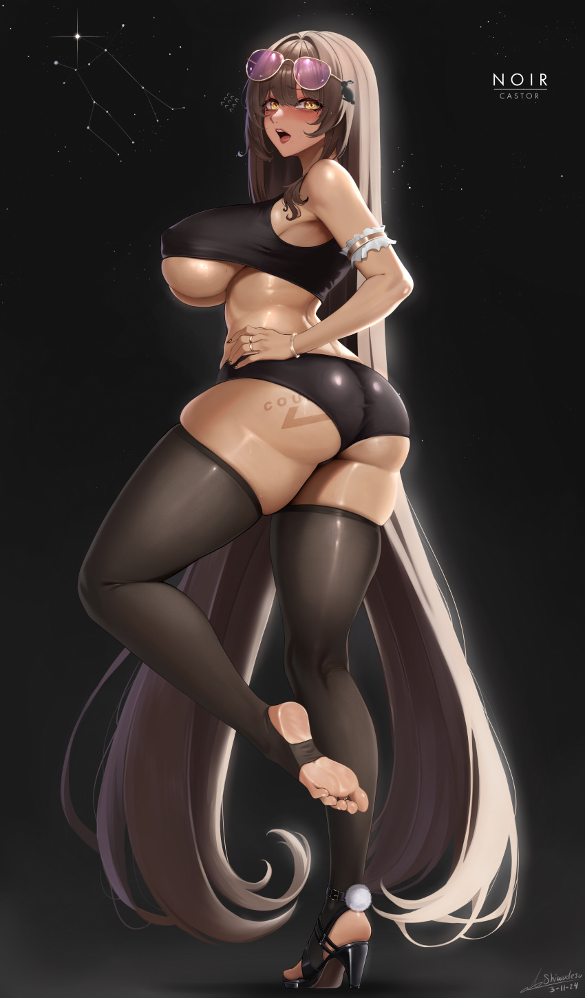1girl absurdres arm_strap ass bare_shoulders black_hair black_nails black_panties black_thighhighs blush bracelet breasts commentary covered_nipples dark-skinned_female dark_skin english_commentary english_text eyewear_on_head goddess_of_victory:_nikke hair_ornament hand_on_own_hip high_heels highres jewelry leg_up long_hair looking_at_viewer noir_(nikke) open_mouth panties ring shiwudesu solo stirrup_legwear sunglasses tank_top teeth thighhighs toeless_legwear tongue underboob underwear very_long_hair yellow_eyes