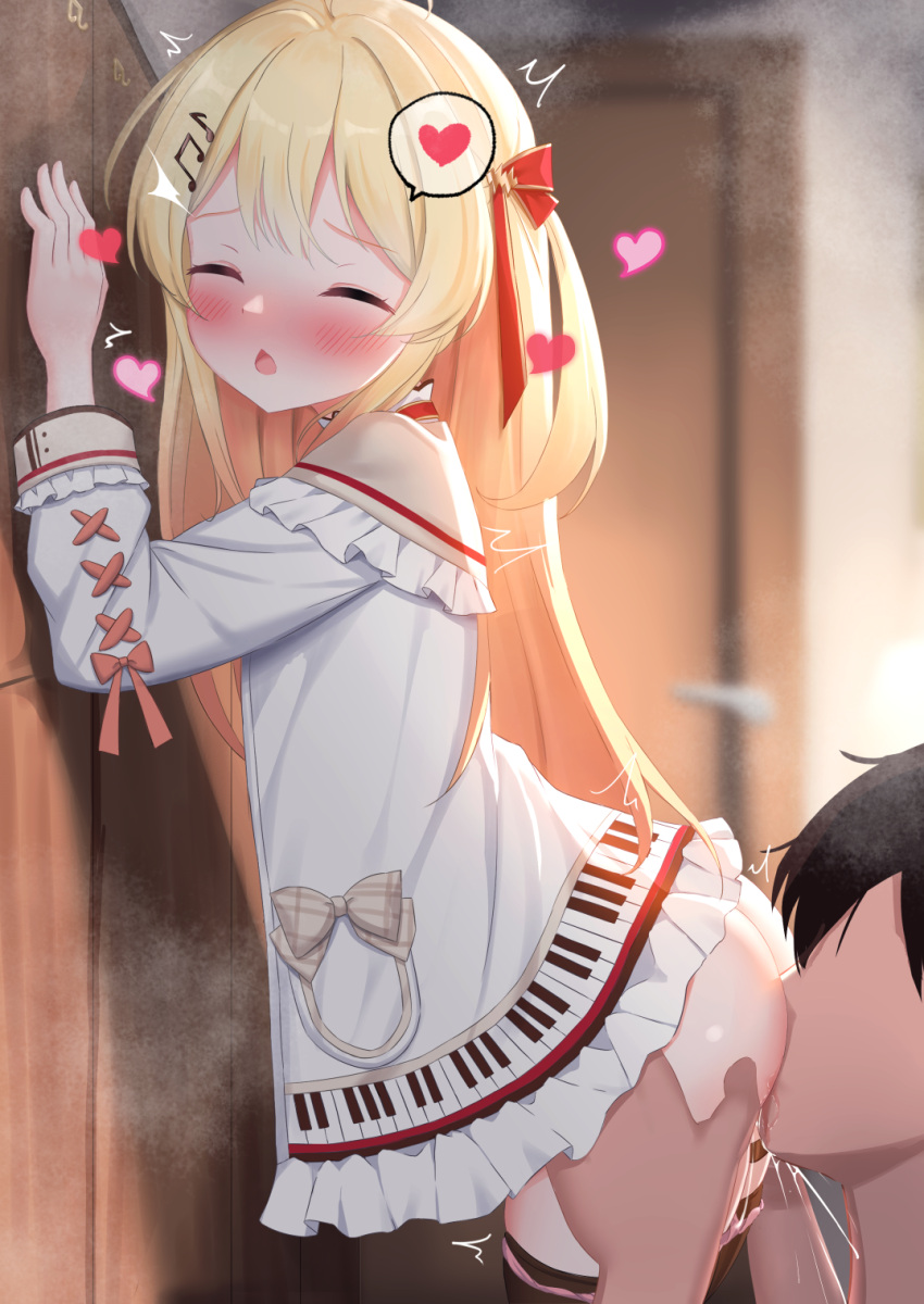 1boy 1girl against_wall ahoge ass ass_grab blonde_hair blush bow closed_eyes cunnilingus face_in_ass female_ejaculation hair_ornament heart highres hololive jacket kissing_ass long_hair long_sleeves motion_lines musical_note musical_note_hair_ornament one_side_up open_mouth oral otonose_kanade panties panty_pull piano_keys piano_print pink_panties plaid plaid_bow red_eyes red_ribbon ribbon ribbon_trim spoken_heart steam thighhighs underwear virtual_youtuber white_clover_(unfy8472) white_jacket