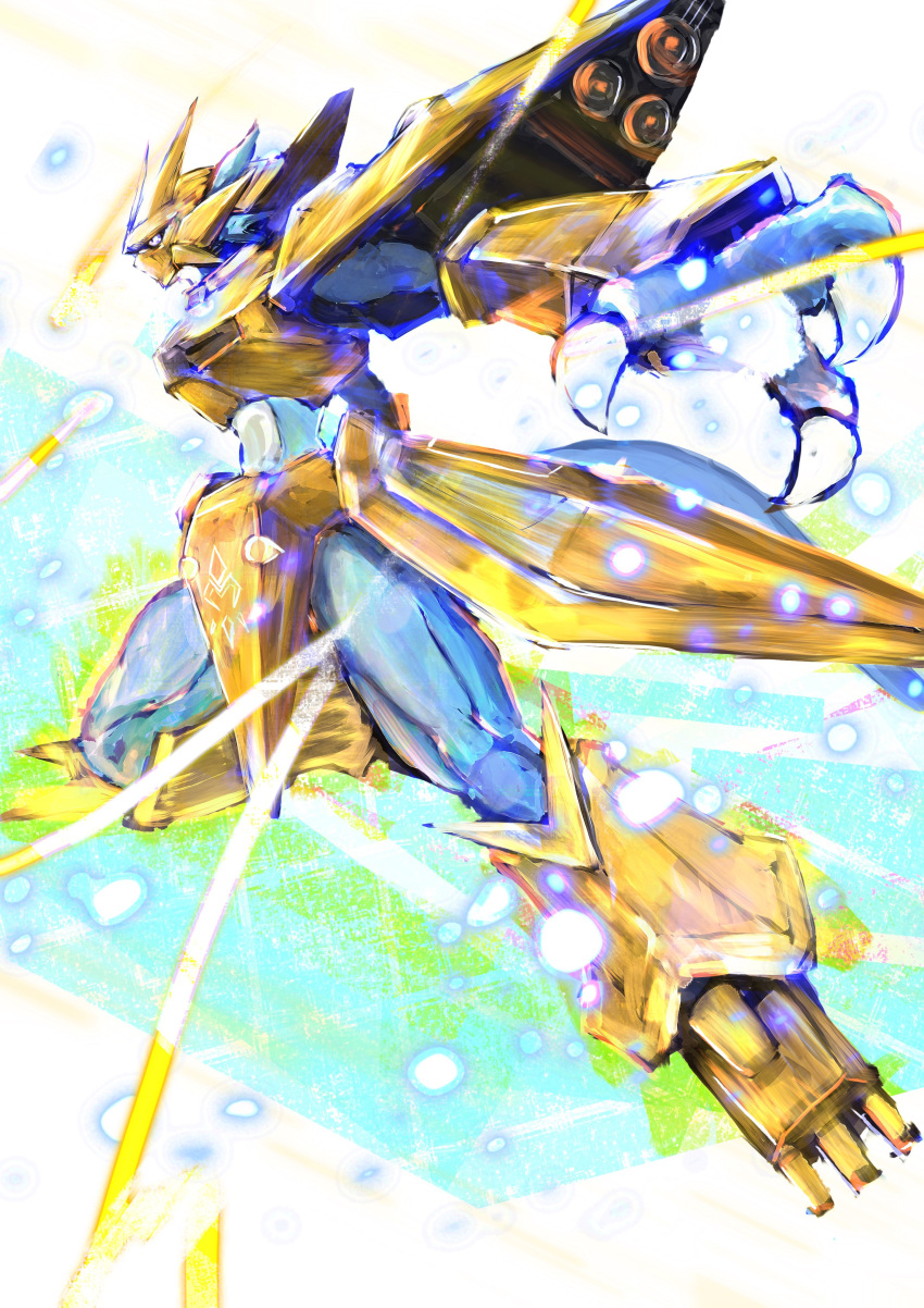 abstract_background absurdres armor blue_skin breastplate claws colored_skin digimon digimon_(creature) dragon_boy dragon_horns dragon_tail faulds fewer_digits gold_armor helmet highres horns knight magnamon monster_boy name_e04 sabaton shoulder_armor sparkle tail vambraces