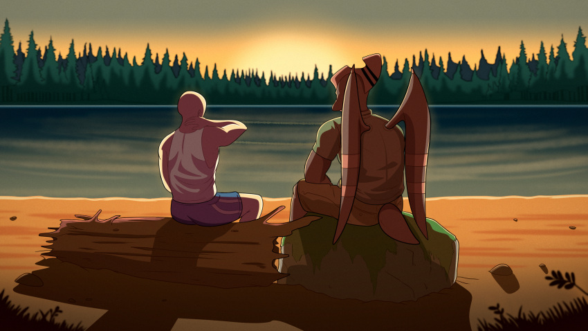 2024 5_fingers anon_(snoot_game) anthro bald bottomwear brown_body brown_scales cavemanon_studios clothing detailed_background digital_drawing_(artwork) digital_media_(artwork) dinosaur duo fingers forest hand_behind_head head_crest hi_res human lake light-skinned_male light_body light_skin male mammal mature_anthro mature_male outside plant pterodactylus pterosaur reptile ripley_(snoot_game) scales scalie seven_(artist) shirt short_tail shorts sitting snoot_game tail tank_top topwear tree wings