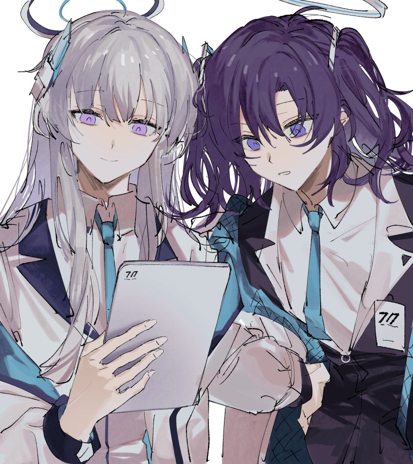 2girls absurdres black_jacket blue_archive blue_halo blue_necktie closed_mouth collared_shirt commentary hair_between_eyes halo highres hirako_daishougun holding holding_tablet_pc jacket long_hair long_sleeves multiple_girls necktie noa_(blue_archive) open_mouth purple_eyes purple_hair shirt simple_background tablet_pc two_side_up upper_body white_background white_hair white_jacket white_shirt yuuka_(blue_archive)