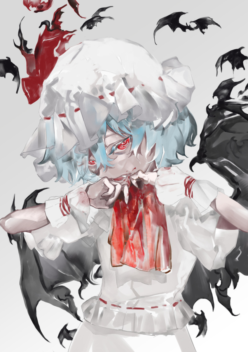 1girl ascot bat_(animal) bat_wings blood blood_on_clothes blood_on_face blood_on_hands blue_hair bow eyelashes fangs fingernails frilled_cuffs frilled_headwear grey_background hair_between_eyes hat hat_bow highres looking_at_viewer mob_cap puffy_short_sleeves puffy_sleeves red_ascot red_bow red_eyes remilia_scarlet sharp_fingernails shirt short_hair short_sleeves simple_background skirt solo touhou ue_toono_(atano) vampire white_headwear white_shirt white_skirt wings wrist_cuffs
