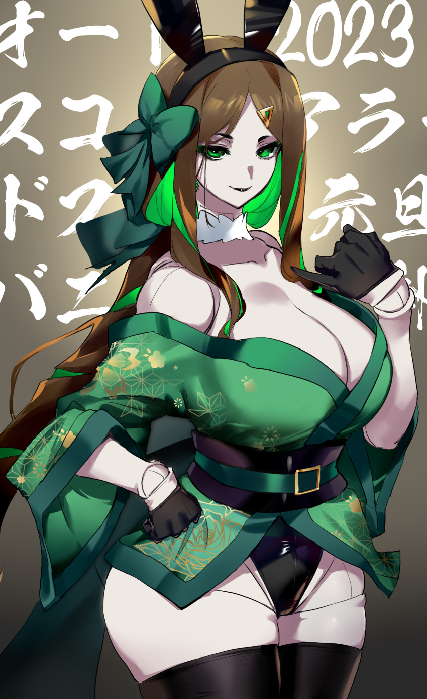 1girl absurdres black_gloves black_leotard black_lips black_thighhighs breasts brown_hair colored_inner_hair doll_joints eyeshadow gloves green_eyes green_hair highres japanese_clothes joints kimono large_breasts leotard leotard_under_clothes lipstick long_hair looking_at_viewer makeup multicolored_hair negresco phara_suyuf senki_zesshou_symphogear shiny_hair shiny_skin solo standing thighhighs thighs two-tone_hair