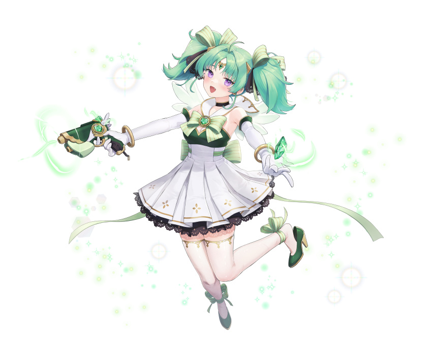 1girl absurdres copyright_request dress gem green_gemstone green_hair green_ribbon gun hair_ribbon high_heels highres holding holding_gun holding_weapon looking_at_viewer magic noixen purple_eyes ribbon short_twintails simple_background solo thighhighs twintails weapon white_background