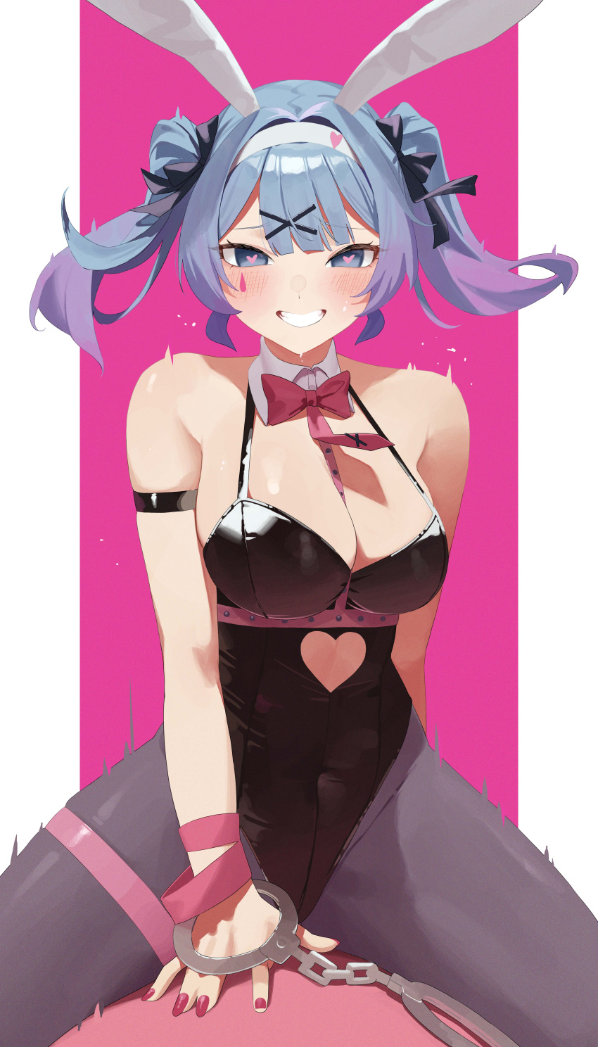 1girl absurdres animal_ears arm_behind_back arm_strap bare_shoulders between_breasts black_leotard blue_eyes blue_hair blush bow breasts cleavage clothing_cutout commentary cuffs detached_collar grey_pantyhose grin hair_ornament hairband handcuffs hatsune_miku heart heart-shaped_pupils heart_cutout highres large_breasts leotard looking_at_viewer medium_hair mm_(mhm2592) nail_polish pantyhose pillarboxed rabbit_ears rabbit_hole_(vocaloid) red_bow red_nails sitting smile solo spread_legs sweat symbol-shaped_pupils teardrop_facial_mark thigh_strap twintails white_hairband x_hair_ornament