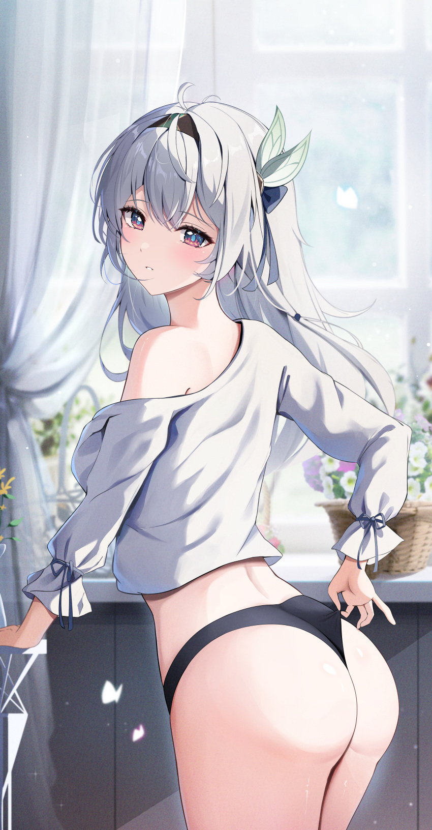 1girl absurdres ahoge ass black_hairband black_panties blush commentary_request cowboy_shot curtains firefly_(honkai:_star_rail) hairband highres honkai:_star_rail honkai_(series) indoors long_sleeves off_shoulder panties parted_lips shirt single_bare_shoulder solo thighs underwear white_shirt yeni1871