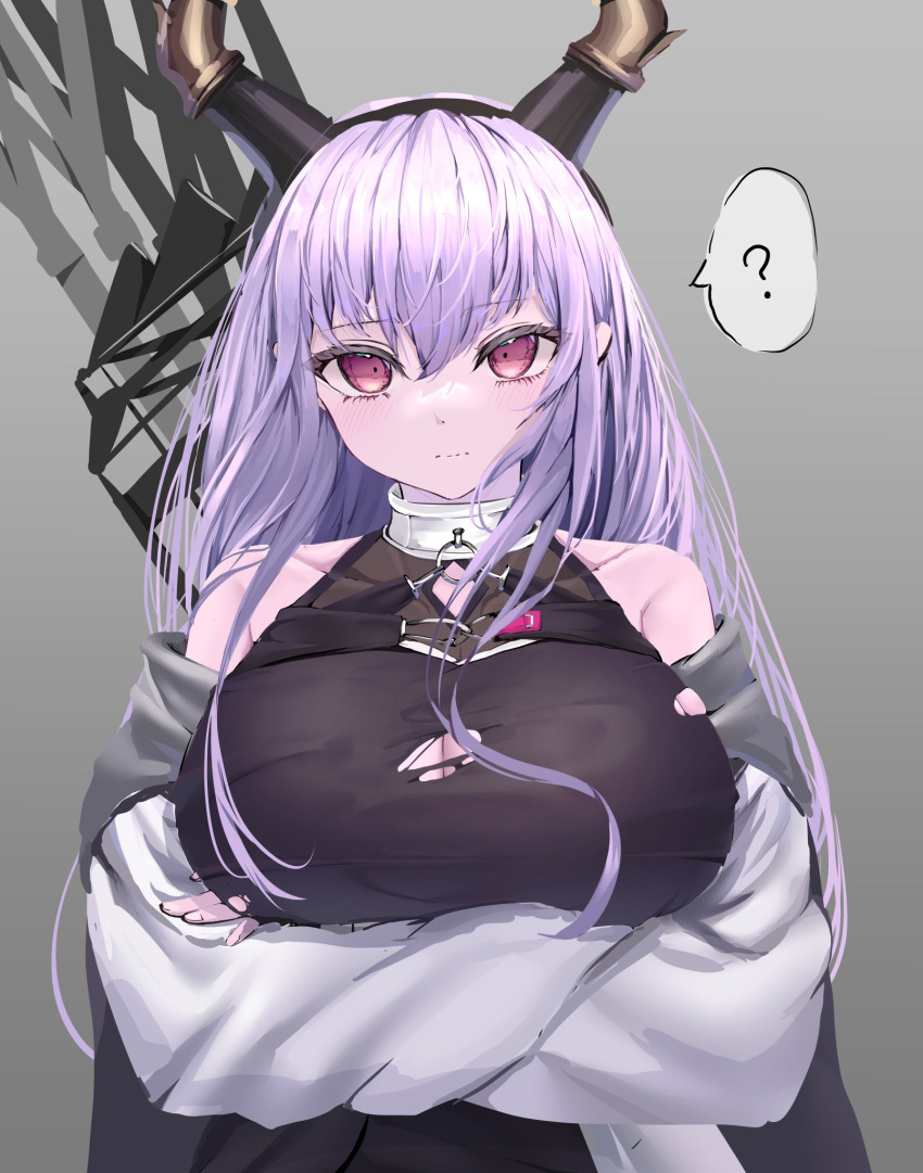 1girl ? arknights arrow_(projectile) black_hairband breasts cleavage crossed_arms hairband highres horns large_breasts long_hair lycoris-fullbloom purple_eyes purple_hair quiver spoken_question_mark torn_clothes typhon_(arknights)