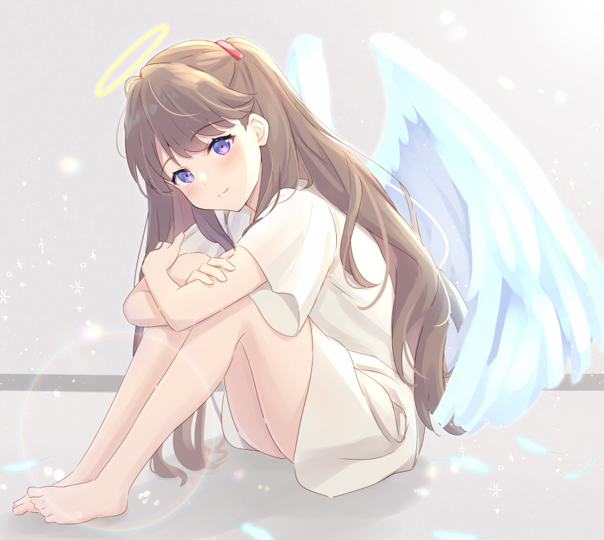 1girl absurdres angel_wings arms_on_knees bare_legs barefoot brown_hair closed_mouth feathered_wings fujishima_megumi full_body half_updo halo highres knees_up light_smile link!_like!_love_live! long_hair looking_at_viewer love_live! purple_eyes shadow shirt short_sleeves sitting solo soramizuki white_shirt white_wings wings yellow_halo