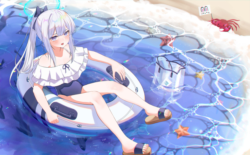 1girl absurdres bare_arms bare_legs bare_shoulders blue_archive blue_halo blue_one-piece_swimsuit blush covered_navel frilled_one-piece_swimsuit frills grey_hair halo highres long_hair miyako_(blue_archive) miyako_(swimsuit)_(blue_archive) official_alternate_costume one-piece_swimsuit open_mouth ponytail purple_eyes sandals seka_(sekakoala) solo swimsuit