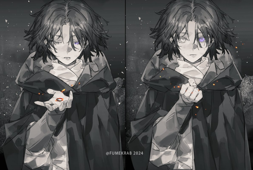 1girl black_cloak clenched_hand cloak elden_ring holding holding_jewelry holding_ring hood hooded_cloak jewelry krab_(fumekrab) looking_at_viewer medium_hair melina_(elden_ring) purple_eyes ring solo split_screen unusually_open_eyes