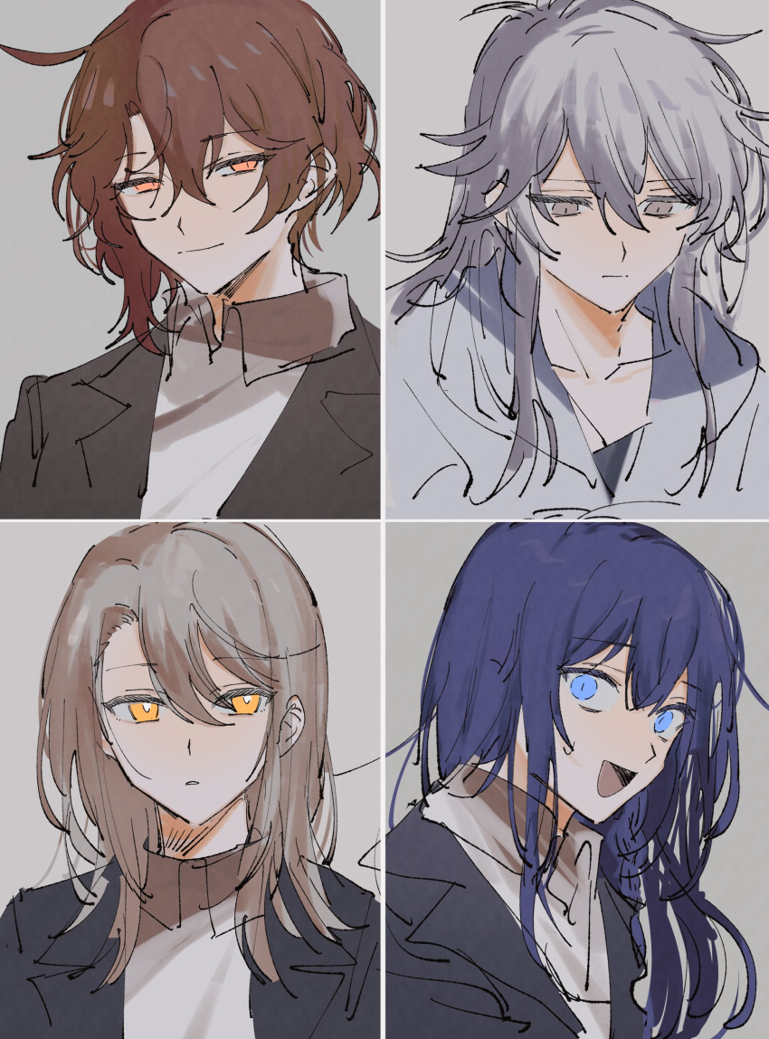 4girls :d absurdres black_jacket blazer blue_eyes blue_hair brown_hair closed_mouth collared_shirt commentary_request grey_background grey_eyes grey_hair grey_shirt hair_between_eyes highres hirako_daishougun hood hoodie jacket light_brown_hair long_hair looking_at_viewer medium_hair messy_hair multiple_girls open_mouth orange_eyes original parted_lips shirt short_hair sidelocks simple_background smile sweatdrop upper_body white_hoodie