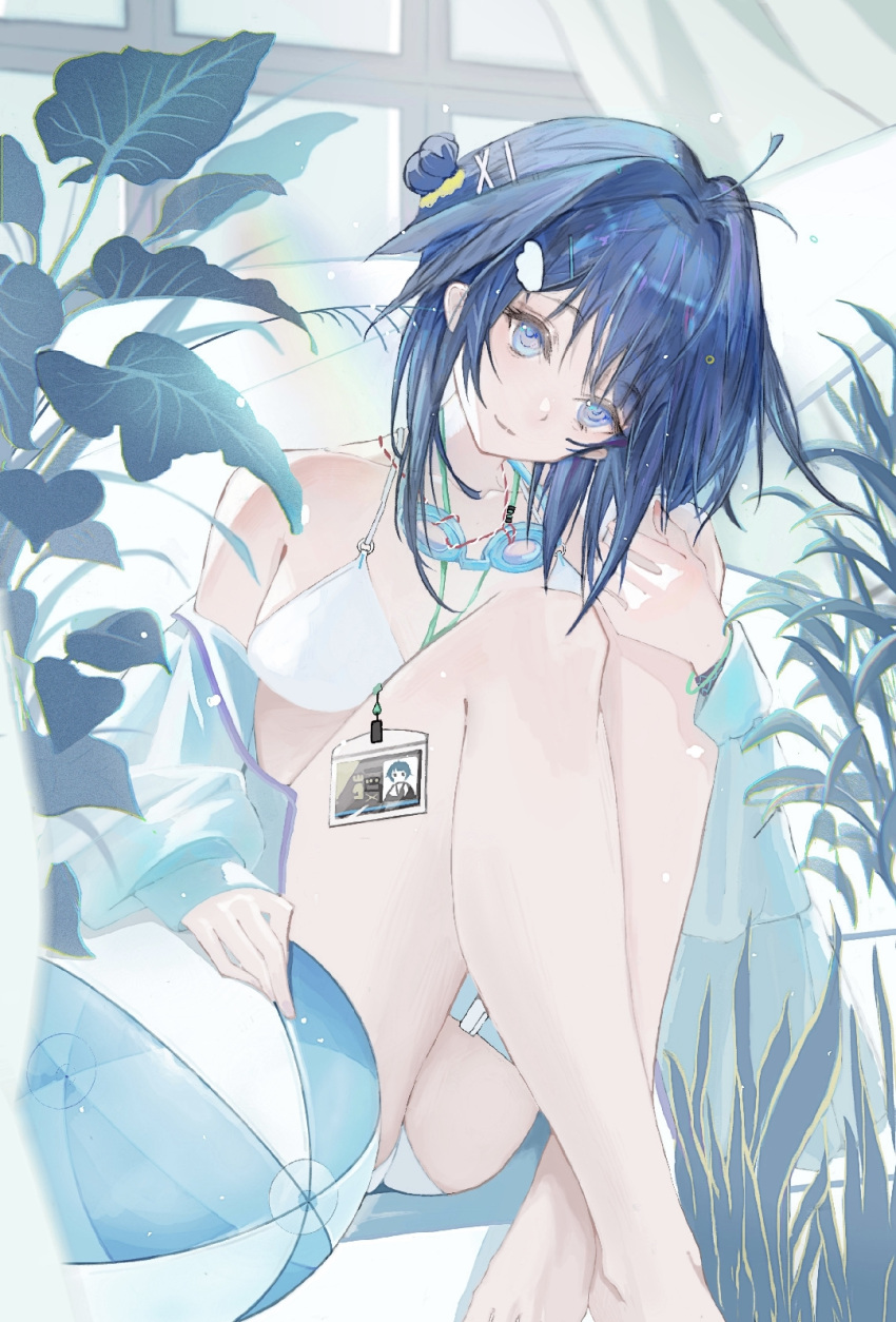 1girl arknights ball beachball bikini blue_eyes blue_hair closed_mouth crossed_ankles hair_ornament hairclip highres holding_own_leg id_card la_pluma_(arknights) la_pluma_(summer_flowers)_(arknights) leaf looking_at_viewer official_alternate_costume qiu_(user_yhvx8584) short_hair sitting solo swimsuit white_bikini x_hair_ornament