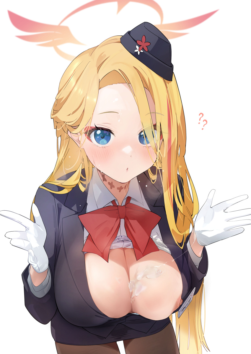 1girl ? ?? absurdres after_paizuri black_headwear black_suit blonde_hair blue_archive blue_eyes blush breasts choker clothes_pull cum cum_on_body cum_on_breasts fang garrison_cap gloves halo hat highres large_breasts long_hair long_sleeves looking_at_viewer official_alternate_costume pantyhose pina_(blue_archive) red_ribbon ribbon shirt shirt_pull simple_background smile suit white_background white_gloves white_shirt yanyo_(ogino_atsuki)