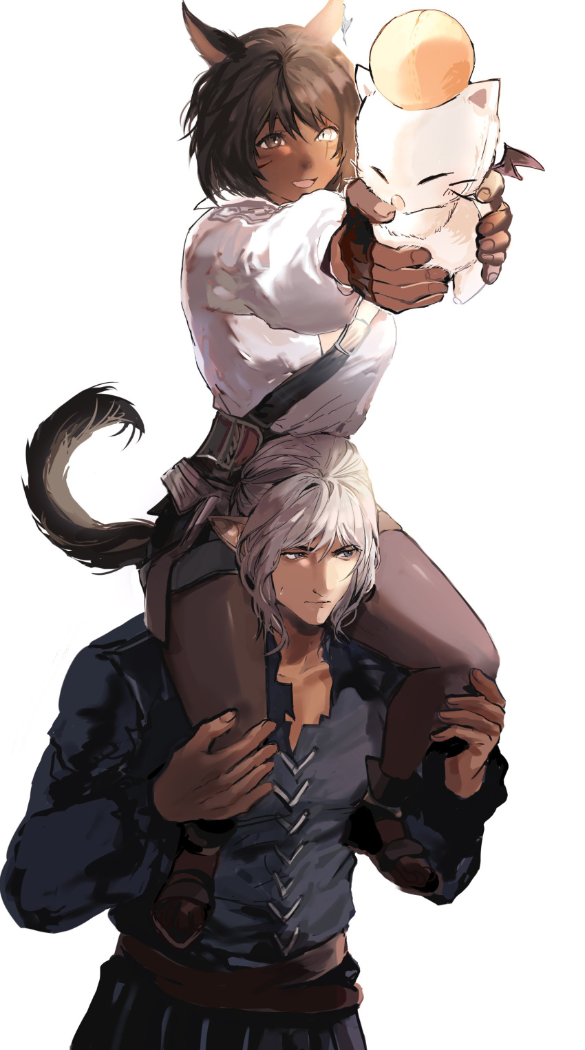 1boy 1girl :d absurdres animal_ears avatar_(ff14) bangs belt black_footwear black_thighhighs blue_eyes blue_shirt brown_eyes brown_hair carrying cat_ears cat_girl cat_tail collarbone collared_shirt commentary_request creature dark-skinned_female dark_skin earrings elezen elf estinien_varlineau facial_mark fang final_fantasy final_fantasy_xiv from_above heterochromia highres holding holding_creature jewelry korean_commentary long_sleeves looking_to_the_side miqo'te moogle open_mouth outstretched_arms pointy_ears sandals scar scar_across_eye shirt short_hair shoulder_belt shoulder_carry sideways_glance simple_background single_earring sitting sitting_on_person slit_pupils smile standing sweatdrop tail thighhighs upper_body wefightasone_1 white_background white_eyes white_hair white_shirt