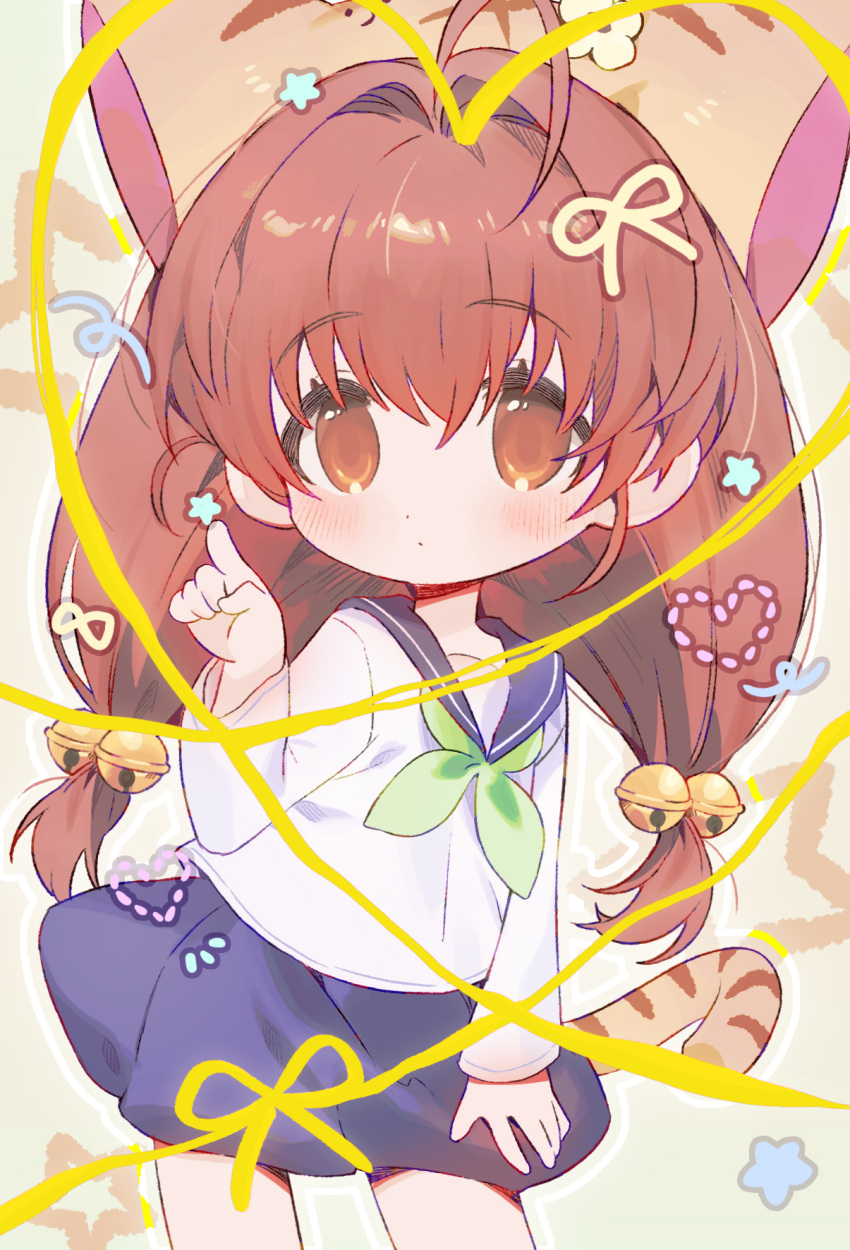 1girl ahoge animal_hat bell blue_sailor_collar blue_skirt blush brown_eyes brown_hair cat_hat cat_tail child closed_mouth cowboy_shot di_gi_charat dot_mouth dot_nose green_neckerchief hair_bell hair_intakes hair_ornament hand_on_own_leg hat heart highres long_hair neckerchief pleated_skirt pointing puchiko sailor_collar school_uniform seoji serafuku shirt skirt solo star_(symbol) striped_tail tail twintails white_shirt yellow_headwear