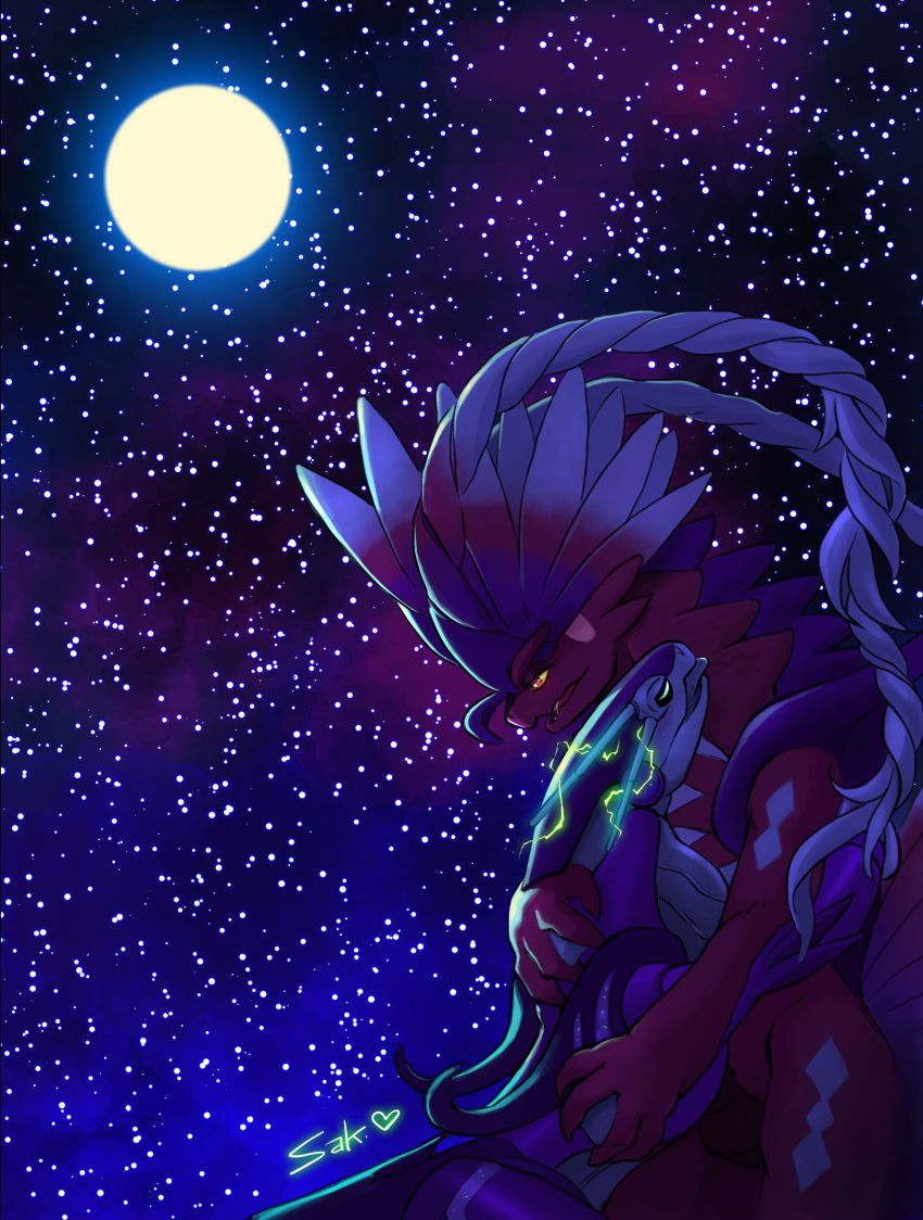 1other artist_name backlighting closed_eyes colored_sclera colored_skin commentary_request cowboy_shot dark electricity from_side full_moon furry gradient_hair half-closed_eyes hand_on_another's_back heart highres hug koraidon long_hair miraidon moon multicolored_hair night open_mouth orange_eyes outdoors pokemon pokemon_(creature) profile red_hair red_skin saki1008 signature sky standing star_(sky) starry_sky tongue tongue_out u_u white_hair yellow_sclera