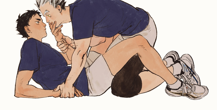 2boys akaashi_keiji arm_grab black_hair blue_eyes blue_shirt bokuto_koutarou chengongzi123 closed_mouth colored_eyelashes covering_another's_mouth english_text full_body grey_footwear grey_hair grey_shorts haikyuu!! hand_over_another's_mouth hand_up highres looking_at_another male_focus multicolored_hair multiple_boys pinned shirt shoes short_hair short_sleeves shorts simple_background sitting sneakers streaked_hair t-shirt thick_eyebrows very_short_hair white_background yellow_eyes