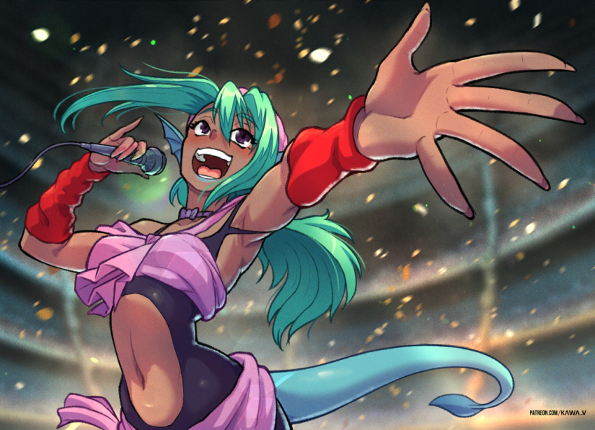 1girl arm_warmers bandana blue_lips breasts clothing_cutout fins fish_girl green_hair head_fins juri_(yu_yu_hakusho) kawa-v lipstick long_hair makeup medium_breasts microphone navel open_mouth outstretched_arm pink_sarong purple_eyes red_arm_warmers solo stomach_cutout tail yu_yu_hakusho