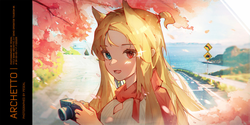 1girl animal_ears archetto_(arknights) arknights blonde_hair blue_eyes camera character_name cherry_blossoms day extra_ears heterochromia highres holding holding_camera huajiaohaibao long_hair looking_at_viewer open_mouth outdoors red_eyes red_scarf road road_sign scarf shirt sign solo teeth upper_body water white_shirt