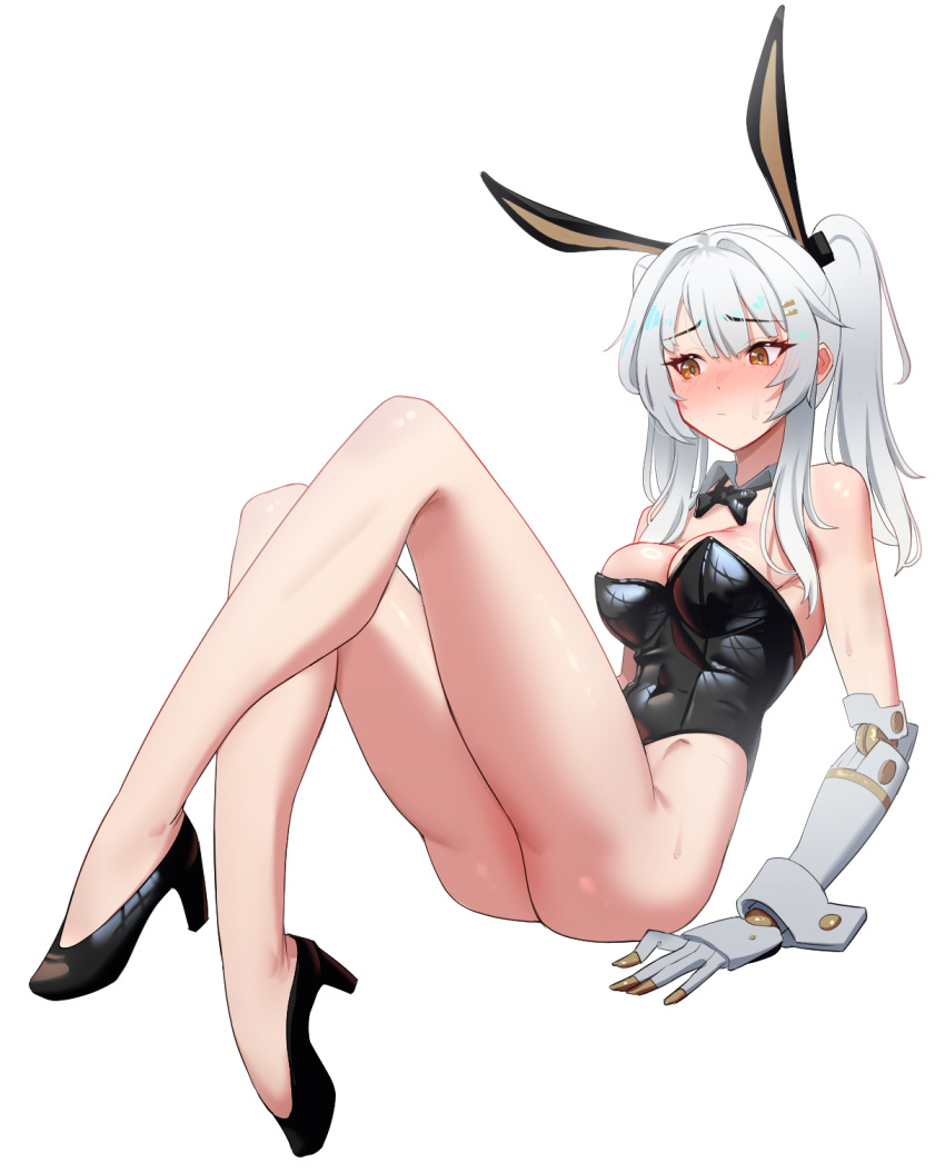 animal_ears bare_arms bare_legs black_bow black_bowtie black_footwear black_leotard blush bow bowtie breasts cleavage detached_collar fake_animal_ears grey_hair hair_ornament hairclip high_heels highres joints karenina:_scire_(punishing:_gray_raven) karenina_(punishing:_gray_raven) large_breasts leotard mechanical_arms nyanom orange_eyes playboy_bunny punishing:_gray_raven rabbit_ears robot_joints sidelocks sweatdrop twintails white_background wing_collar