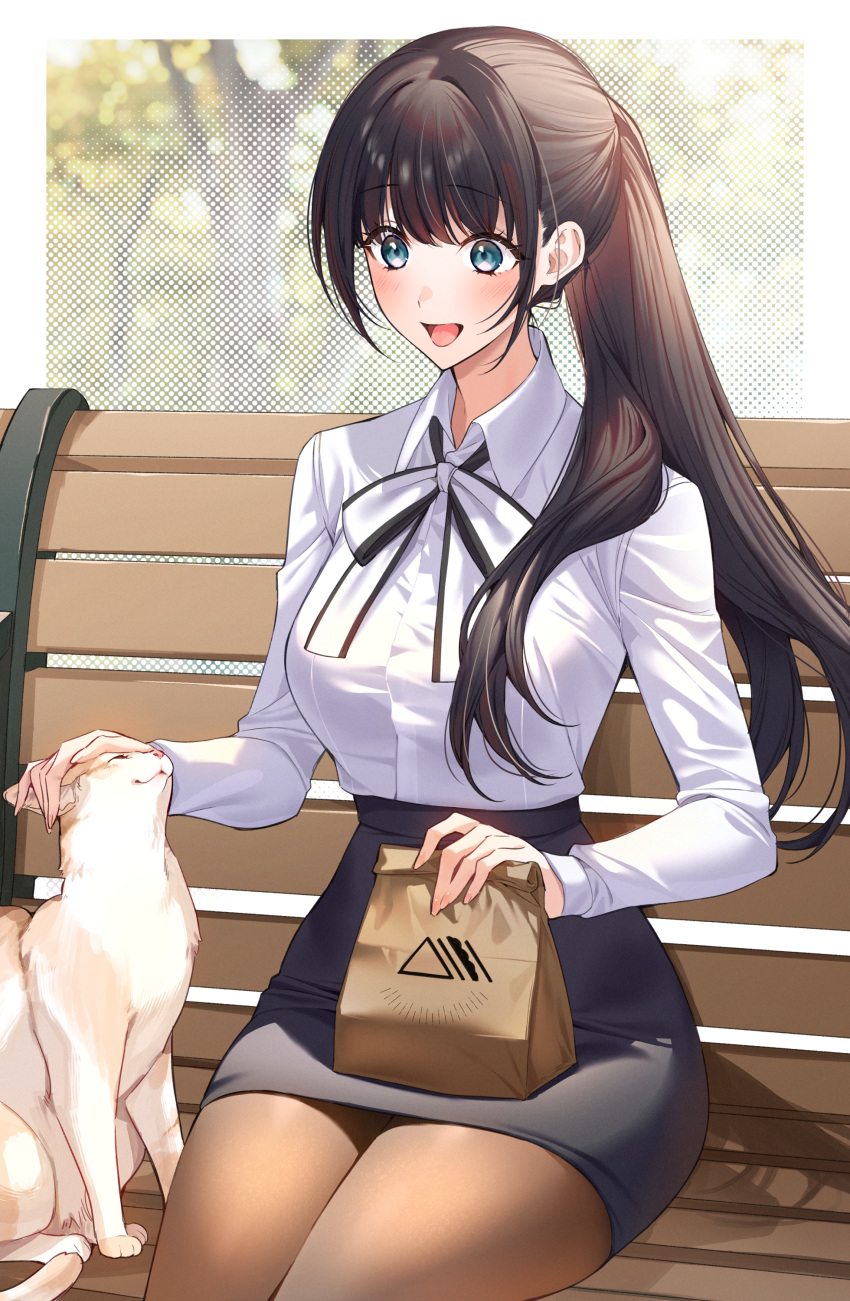 1girl absurdres bag bench bow bowtie brown_hair cat collared_shirt commission food grey_eyes highres office_lady original paper_bag pencil_skirt pixiv_commission ponytail shirt sino42 sitting skirt smile upper_body white_shirt