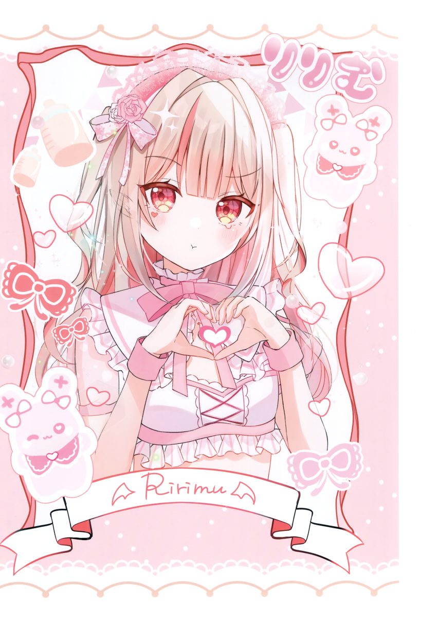 1girl :t absurdres baby_bottle blush bottle bow character_name flower frills hair_ornament heart heart_hands highres long_hair looking_at_viewer makaino_ririmu multicolored_hair nanoda_ham nijisanji non-web_source pink_bow pink_hair pink_theme pout red_eyes red_hair ribbon see-through short_sleeves solo streaked_hair two_side_up upper_body virtual_youtuber wrist_cuffs